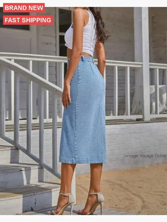Stretch Denim Midi Skirt High Waisted Button Front Slit Casual - Picture 3 of 7